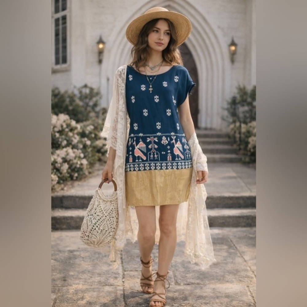 Anthro Floret Navy + Gold Embroidered Shift Mini Dress Boho Chic Indie Size 2